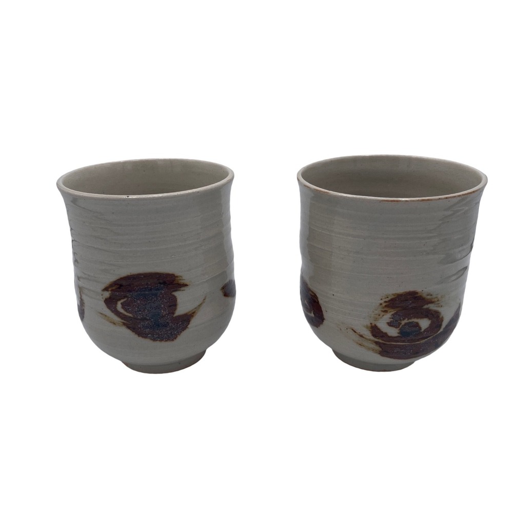 Vintage Japanese Mashiko Ware Meoto Yunomi Teacups Studio Pottery Set of 2